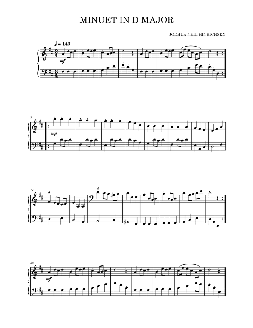MINUET IN D MAJOR Sheet music for Piano (Solo) Easy | Musescore.com