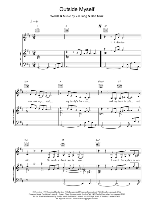 Outside Myself - kd lang (Piano-Vocal-Guitar (Piano Accompaniment))