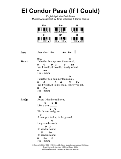 El Condor Pasa (If I Could) - Simon & Garfunkel (Piano Chords-Lyrics)