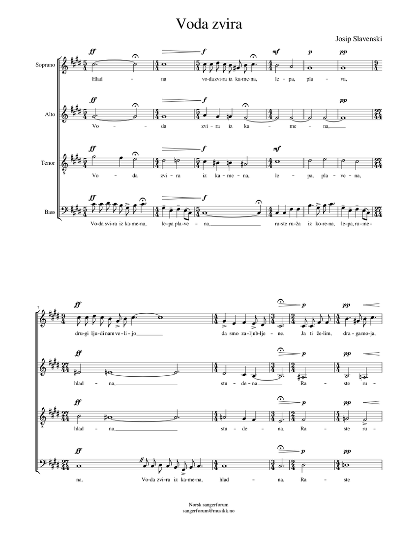 Voda zvira Sheet Music for Soprano, Alto, Tenor, Bass voice