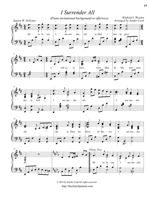 I Surrender All (Arr. Arranged by Jenifer Cook) - Words by Judson W. DeVenter & Music by Winfield S. Weeden (Piano Solo)
