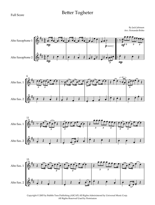 Better Together (Arr. Fernando Britto) - Jack Johnson (Alto Saxophone Duet)