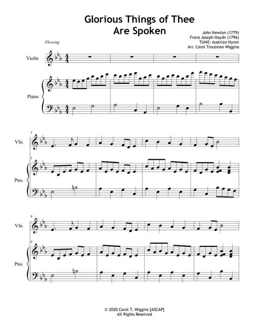Glorious Things of Thee Are Spoken  (Violin & Piano) (Arr. Carol Troutman Wiggins) - John Newton, Franz Joseph Haydn (Violin and Piano)