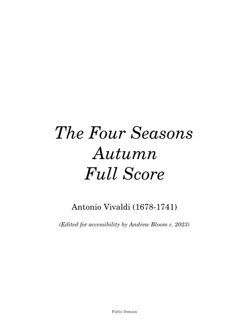 The Four Seasons: Autumn Full Score (Le quattro stagioni: "L'autunno" Concerto in F major, RV 293