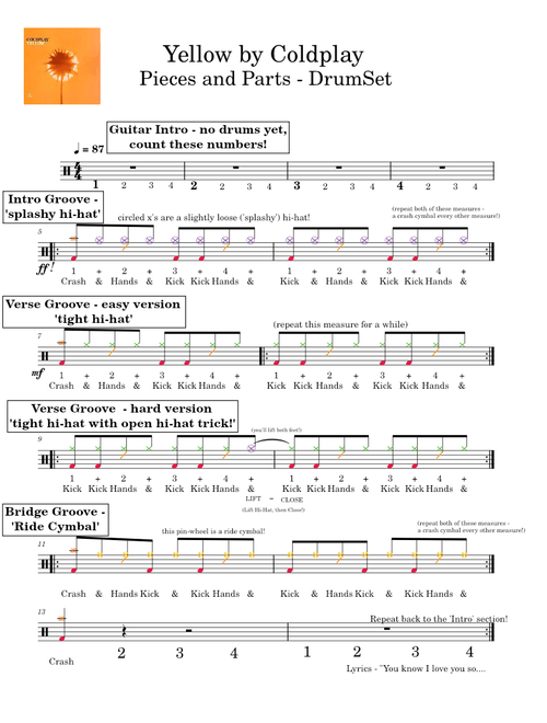 Yellow by Coldplay - (Student Arrangement Drums Beginner)