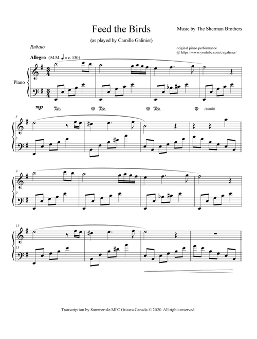 Feed The Birds (tuppence A Bag) (Arr. Daniel Fitzgerald) - Richard M. Sherman, Robert B. Sherman (Piano Solo)