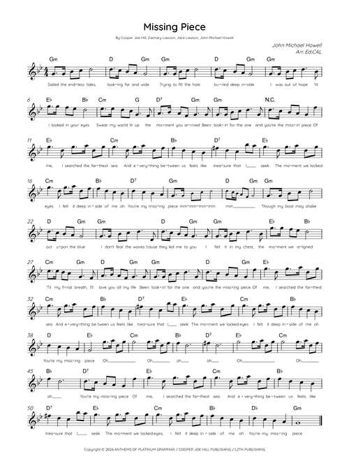 Missing Piece (Arr. Arr. Ed.CAL) - Cooper Joe Hill, Zachary Lawson, John Michael Howell (Lead Sheet - Fake Book)