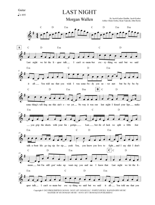 Last Night (Arr. Leo Silva) - Morgan Wallen (Guitar Chords-Lyrics)