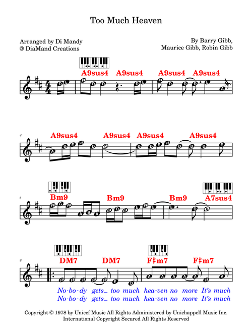 Too Much Heaven (Arr. Dianne Mandy) - Bee Gees (Lead Sheet - Fake Book)