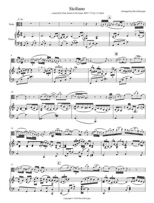Bach: Siciliano from Flute Sonata in Eb-major (viola & piano) (Arr. David Kocijan) (Viola and Piano)