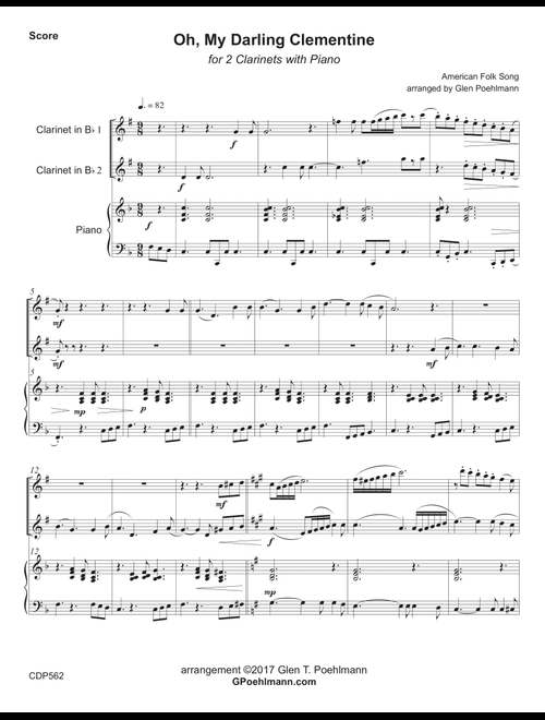MY DARLING CLEMENTINE - CLARINET DUET with Piano Accompaniment (Grade 3+) (Arr. Glen Poehlmann) - Percy Montrose (Instrumental Duet and Piano)