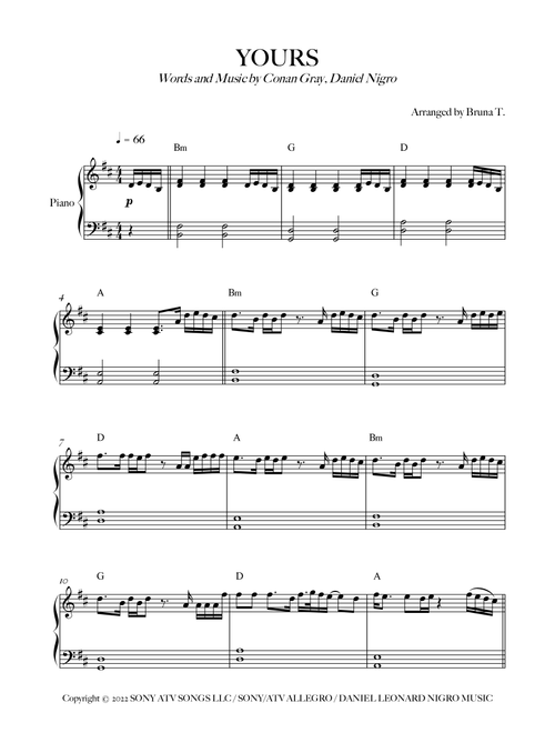Yours (Arr. Bruna T.) - Conan Gray (Easy Piano)