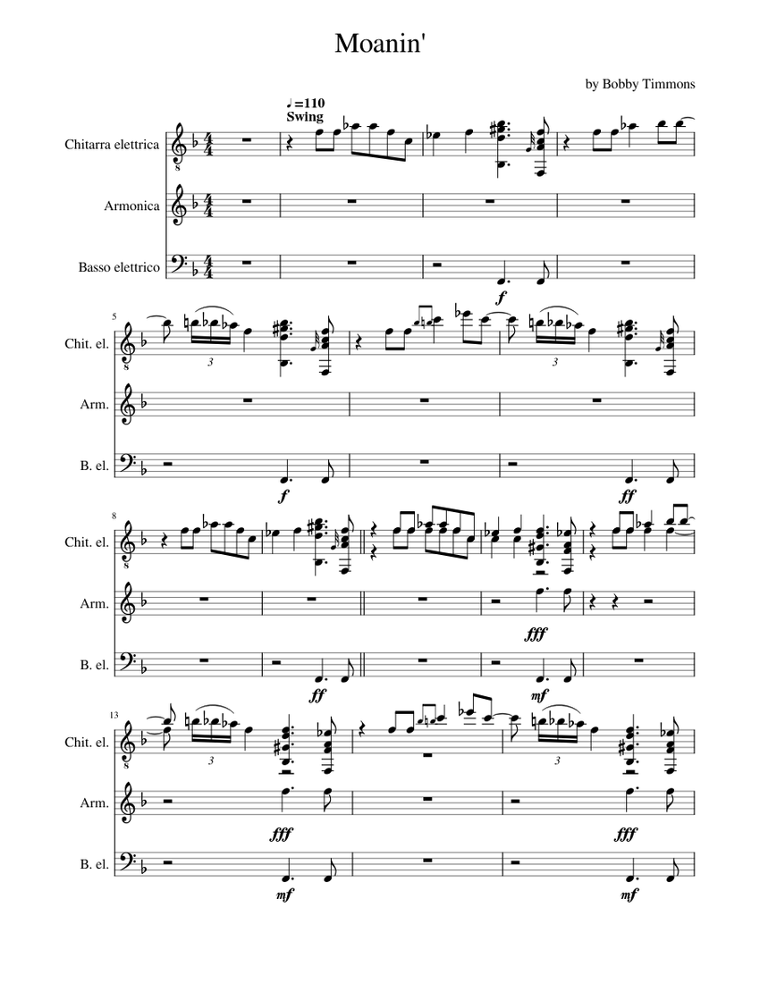 Moanin Sheet Music For Guitar, Bass Guitar, Harmonica (Mixed Trio ...