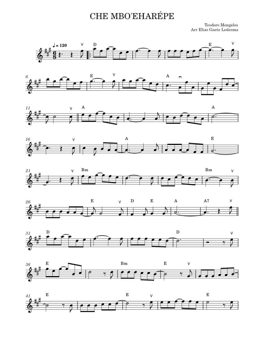 Che mbo ehar pe sheet music for violin solo musescore