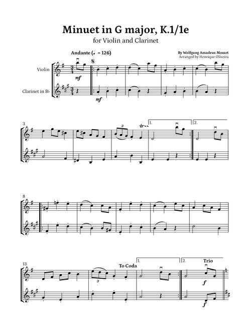 Minuet in G major, K.1/1e (Violin and Clarinet) - W. A. Mozart (Arr. Henrique Oliveira) - Wolfgang Amadeus Mozart (Instrumental Duet)