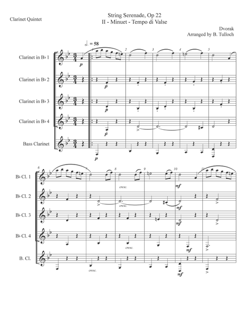 Dvorak Serenade, Opus 22 - II - Minuet - Tempo di Valse (for Clarinet Quintet) (Arr. Brian Tulloch) (Woodwind Ensemble)