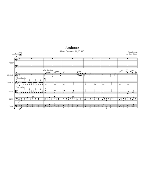 Mozart, Andante, from Piano Concerto 21, K.467 (Arr. Steve Bloom) (Small Ensemble)