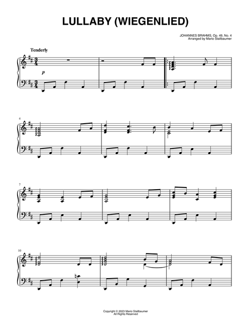 Brahms' Lullaby (Wiegenlied, Op. 49, No. 4) (Arr. Mario Stallbaumer) - Johannes Brahms (Piano Solo)