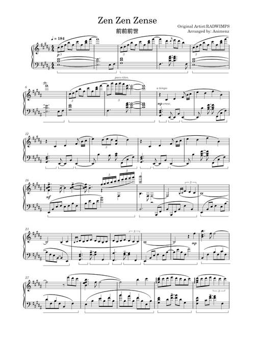 RADWIMPS - Zen Zen Zense (Animenz Arr.)