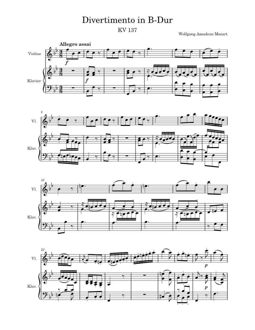 Mozart Divertimento in B-flat major, K.137/125b 3rd mov. for Piano and ...