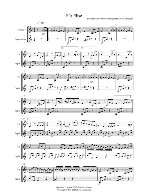 Fur Elise for Horn and Euphonium Duet (Arr. David Burndrett) - Ludwig van Beethoven (Instrumental Duet)