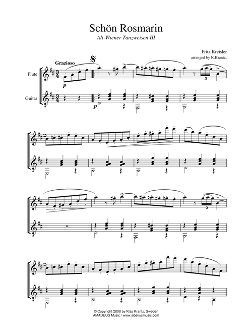 Schon Rosmarin for flute and guitar (Arr. K. Krantz) - F. Kreisler (Instrumental Duet)