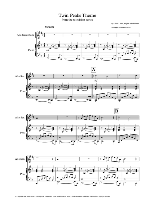 Twin Peaks Theme (Arr. Merlin Sisko) - David Lynch, Angelo Badalamenti (Alto Sax and Piano)