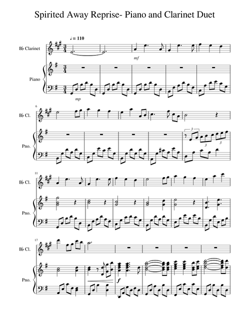 Spirited Away Reprise- Piano and Clarinet Duet