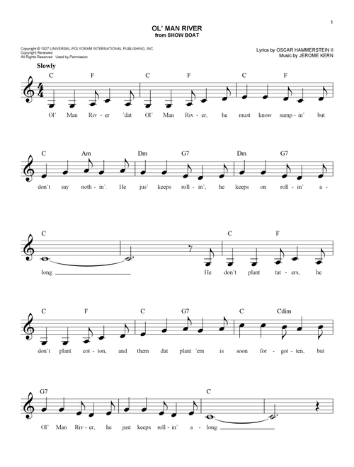 Ol' Man River (from Show Boat) - Oscar Hammerstein II & Jerome Kern, Jerome Kern, Oscar Hammerstein II (Easy Lead Sheet - Fake Book)