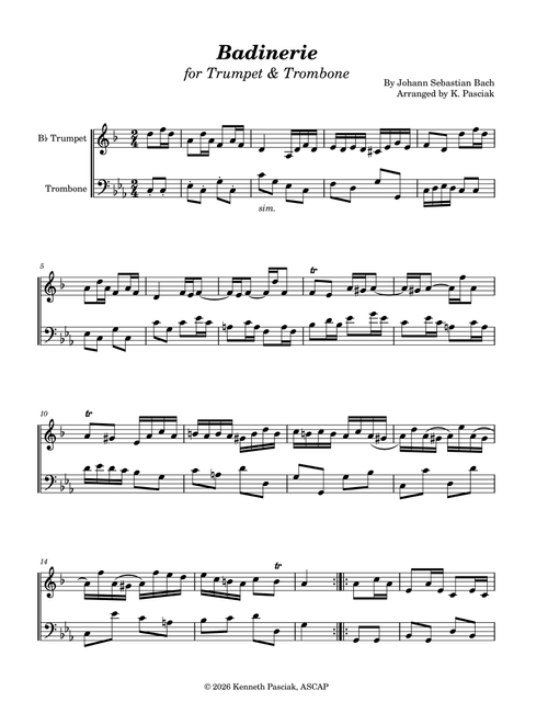 Badinerie (for Trumpet & Trombone) (Arr. Kenneth Pasciak) - Johann Sebastian Bach (Instrumental Duet)