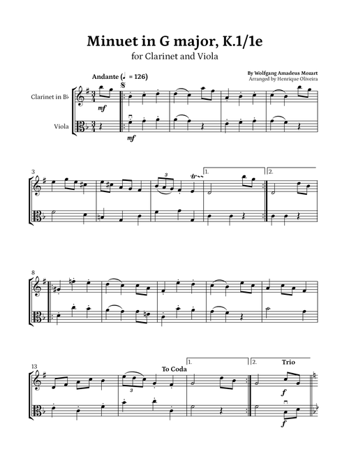 Minuet in G major, K.1/1e (Clarinet and Viola) - W. A. Mozart (Arr. Henrique Oliveira) - Wolfgang Amadeus Mozart (Instrumental Duet)