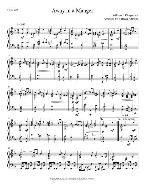 Away in a Manger by William j. Kirkpatrick; arranged by R Bryan Anthony