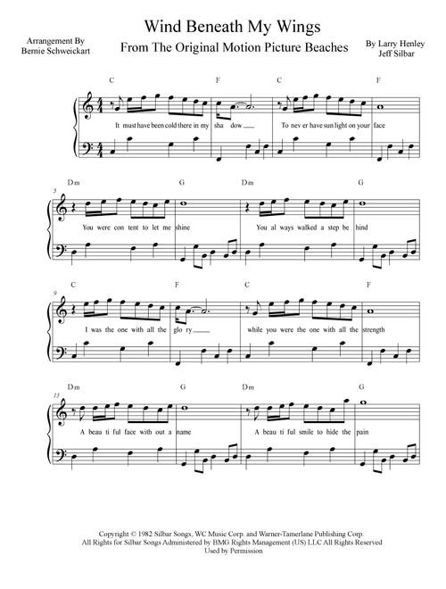 The Wind Beneath My Wings (Arr. Bernie Schweickart) - Bette Midler (Piano-Vocal-Guitar (Piano Accompaniment))