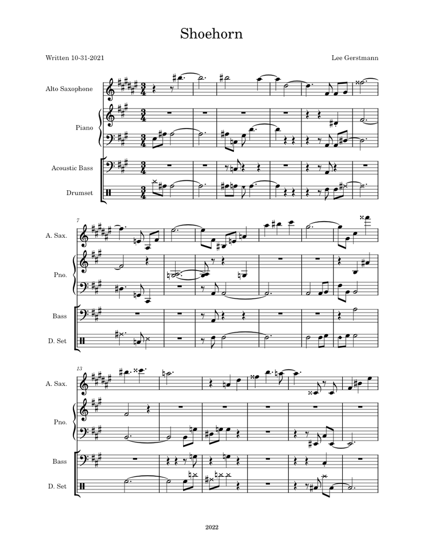 Shoehorn Sheet music for Piano, Saxophone alto, Bass guitar, Drum group (Mixed Quartet