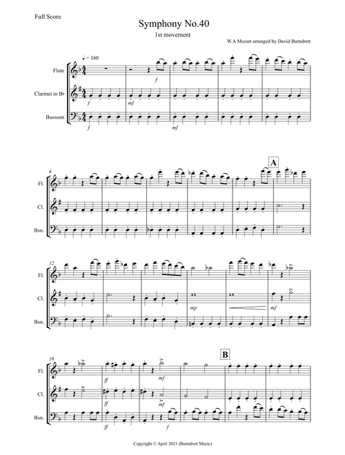 Symphony No.40 (1st movement) for Wind Trio (Arr. David Burndrett) - W.A Mozart (Woodwind Ensemble)