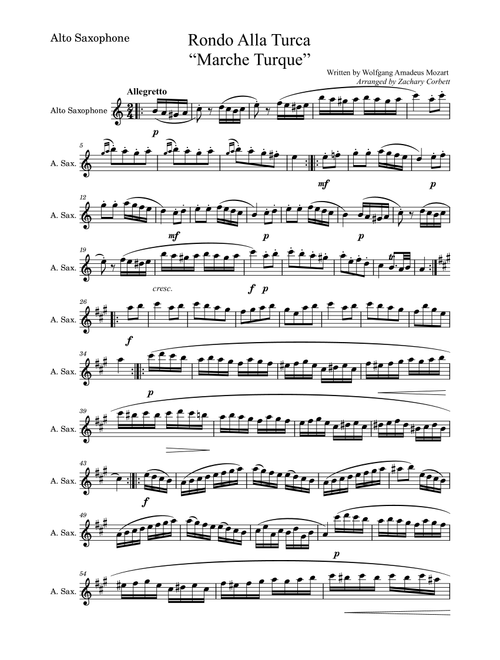 Rondo Alla Turca (Turkish March) (Arr. Zachary Corbett) - Wolfgang Amadeus Mozart (Alto Sax and Piano)