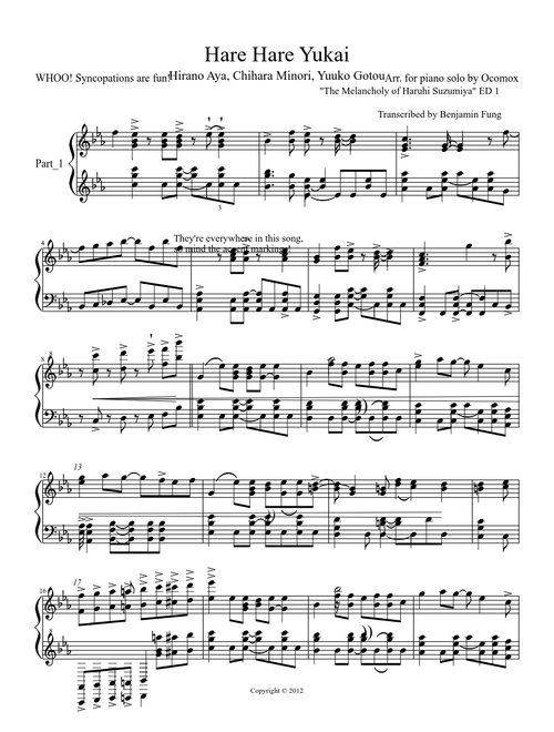 Hare Hare Yukai Piano Solo