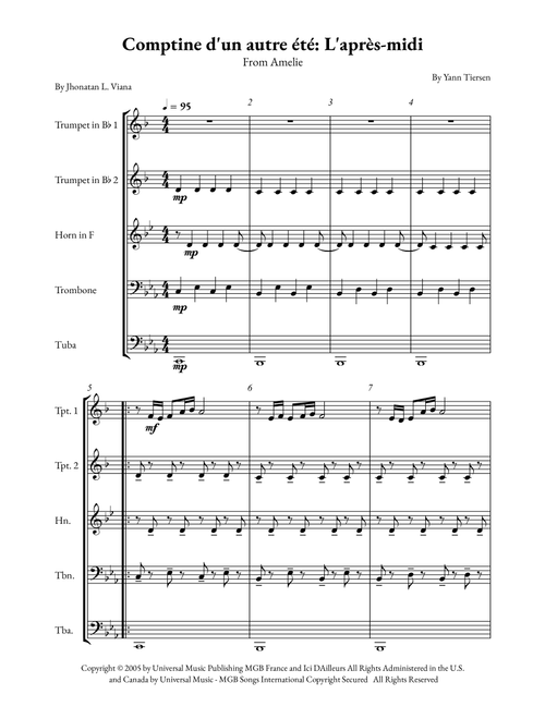 Comptine D'un Autre Été: L'après-Midi (Arr. Jhonatan Lucio Viana) - Yann Tiersen (Brass Ensemble)