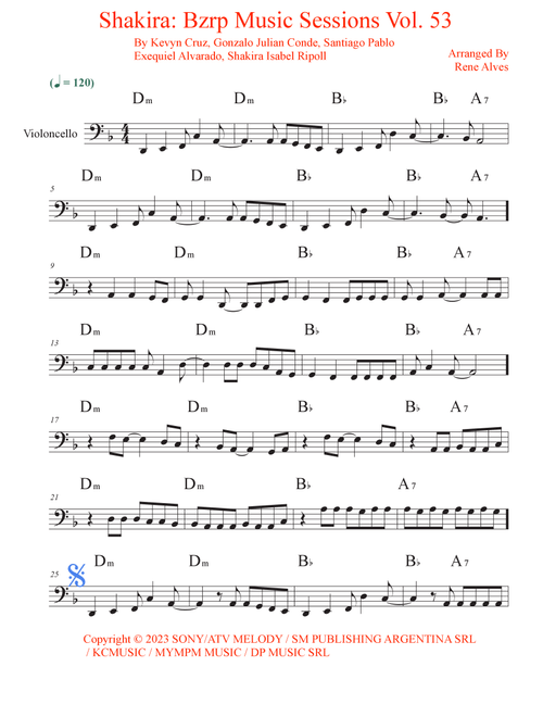 Shakira: Bzrp Music Sessions Vol. 53 (Arr. Rene Alves) - Shakira / Bizarrap (Cello Solo)