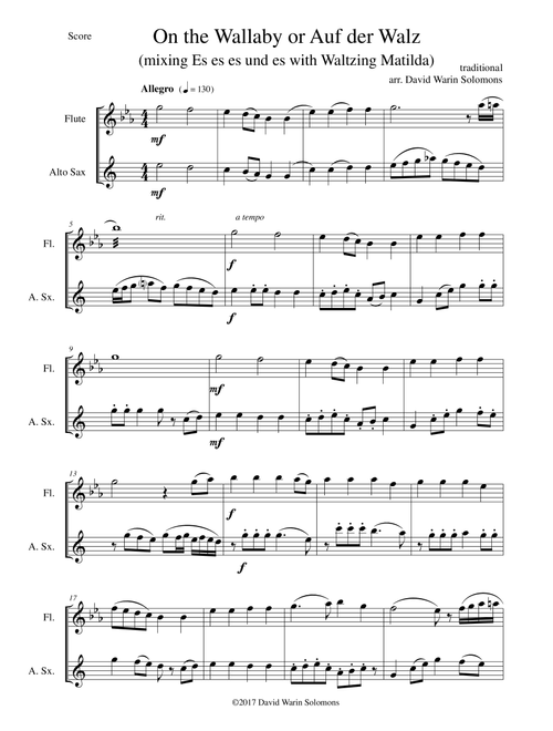 On the Wallaby (or Auf der Walz) for flute and alto saxophone (Arr. David Warin Solomons) - Traditional (Instrumental Duet)