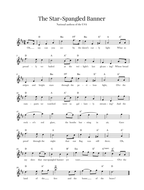 The Star Spangled Banner (National Anthem of the USA) - with lyrics - D Major (Arr. Cadenza Editions) - John Stafford Smith (Lead Sheet - Fake Book)