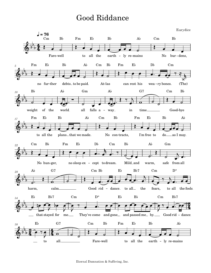 Eurydice - Good Riddance (from Hades) Sheet Music with Chords for ...