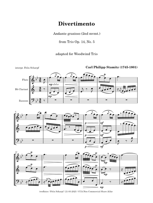 Divertimento from Trio Op. 14, No. 5 (Andante grazioso) Carl Philipp Stamitz - arr. for Woodwind Trio
