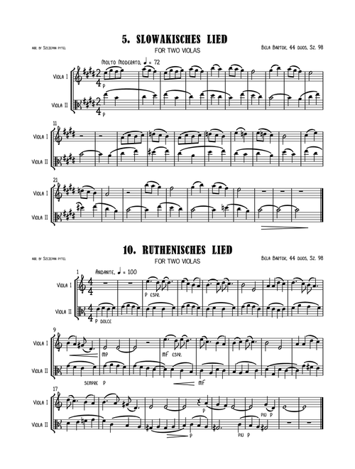 Bela Bartok 44 Duos for Two Violin, Sz. 98 arranged for 2 Violas (viola duet) or Violin & Viola by S (Arr. Szczepan Pytel) (Instrumental Duet)