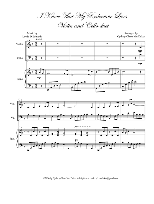 I Know That My Redeemer Lives violin and cello duet (Arr. Cydney Olson Van Duker) - Lewis D. Edwards (Instrumental Duet)