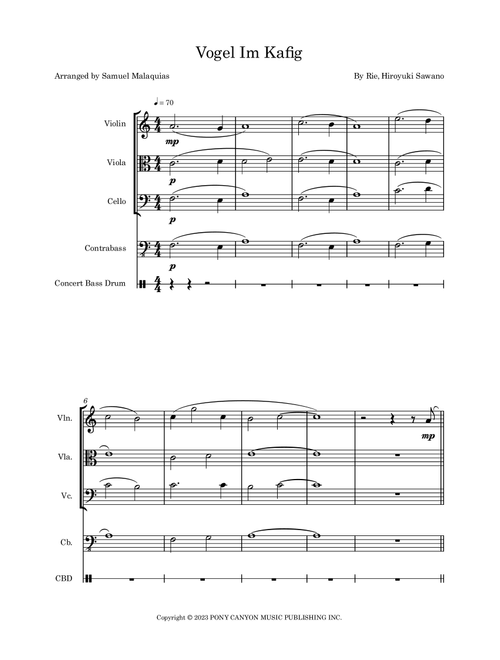 Vogel Im Kafig (Arr. SAMUEL DE SOUZA MALAQUIAS) - Hiroyuki Sawano (Small Ensemble)