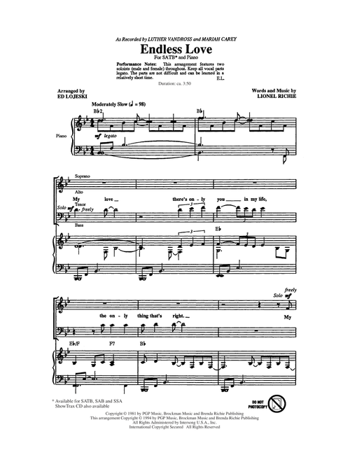 Endless Love (Arr. Ed Lojeski) - Lionel Richie, Luther Vandross & Mariah Carey (Choral, SATB)