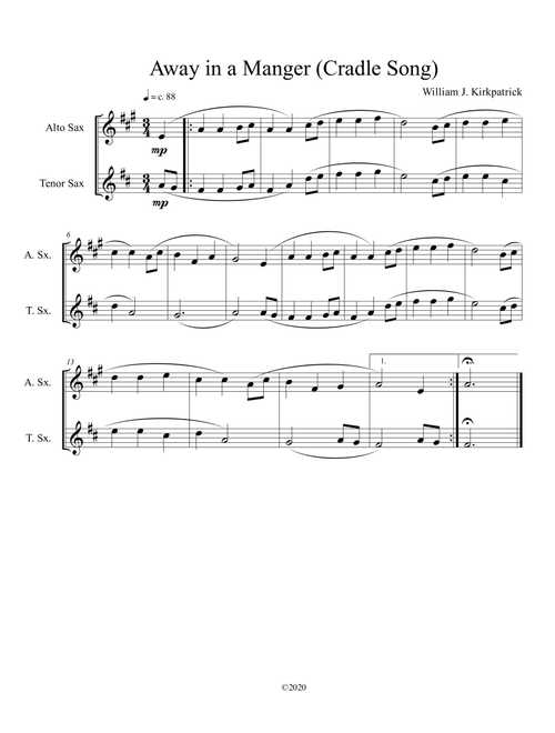 Away in a Manger (Cradle Song) for alto and tenor sax duet (Arr. B C Dockery) - William J Kirkpatrick (Instrumental Duet)