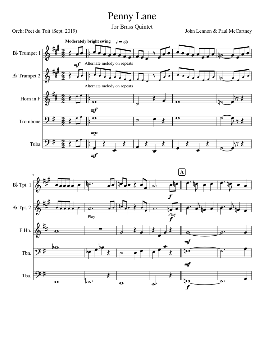 Penny Lane - J Lennon & P McCartney (Brass Quintet) Sheet Music