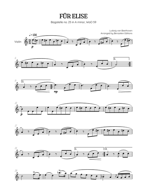 Beethoven • Für Elise / Pour Elise • violin sheet music (Arr. Benzaiten Editions) - Ludwig Van Beethoven (Violin Solo)